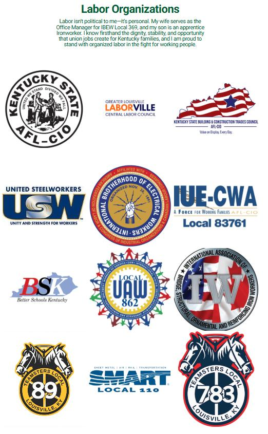 Screenshot of Tim Hall's union endorsements
