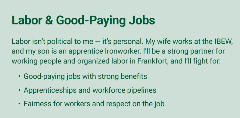 Screenshot of Tim Hall's labor priorities